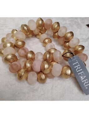 NWT Trifari Vintage Pink Frosted Marbelized Lucite & Gold Beaded Necklace 32"
